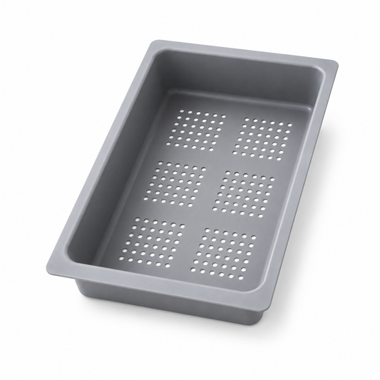 Angled view of an ABS kitchen sink strainer basin with smooth grey finish, rectangular shape, wide rim, and perforated bottom for draining water.