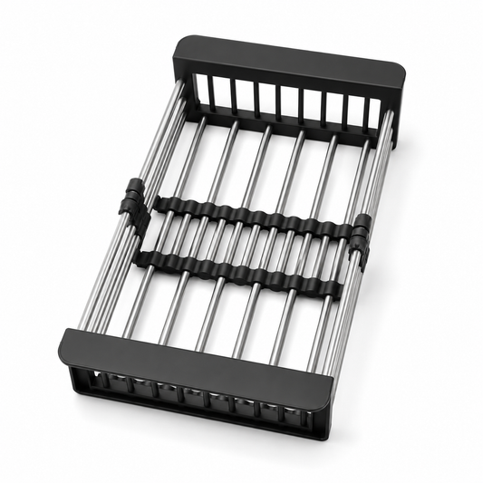 Angled view of telescopic drainer basket for kitchen sink, designed for free extension and movement.