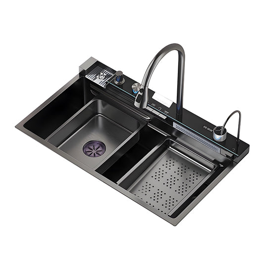 Black multifunctional workstation kitchen sink on white background with smart rear control panel, high-arc faucet, inner basin, perforated drain tray, and auxiliary faucet.