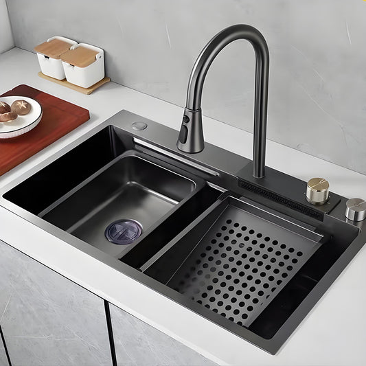 Black multifunctional workstation kitchen sink with high-arc faucet, inner basin, perforated drain basket, rear accessory deck, and modern stainless steel sink design.