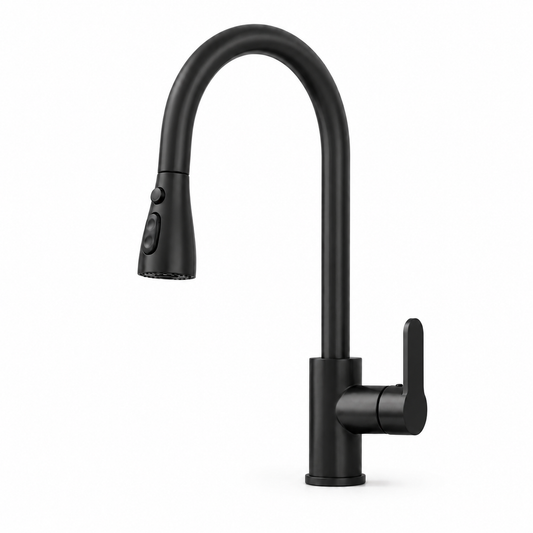 Black pull-out kitchen faucet with high-arc spout, side handle, and spray head buttons for switching water outlet modes.