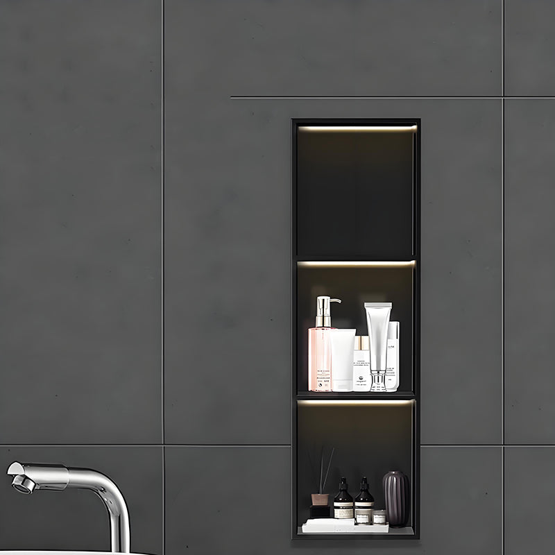 Nicho de parede para banheiro em aço inoxidável preto personalizado, com design de armazenamento embutido vertical e horizontal.