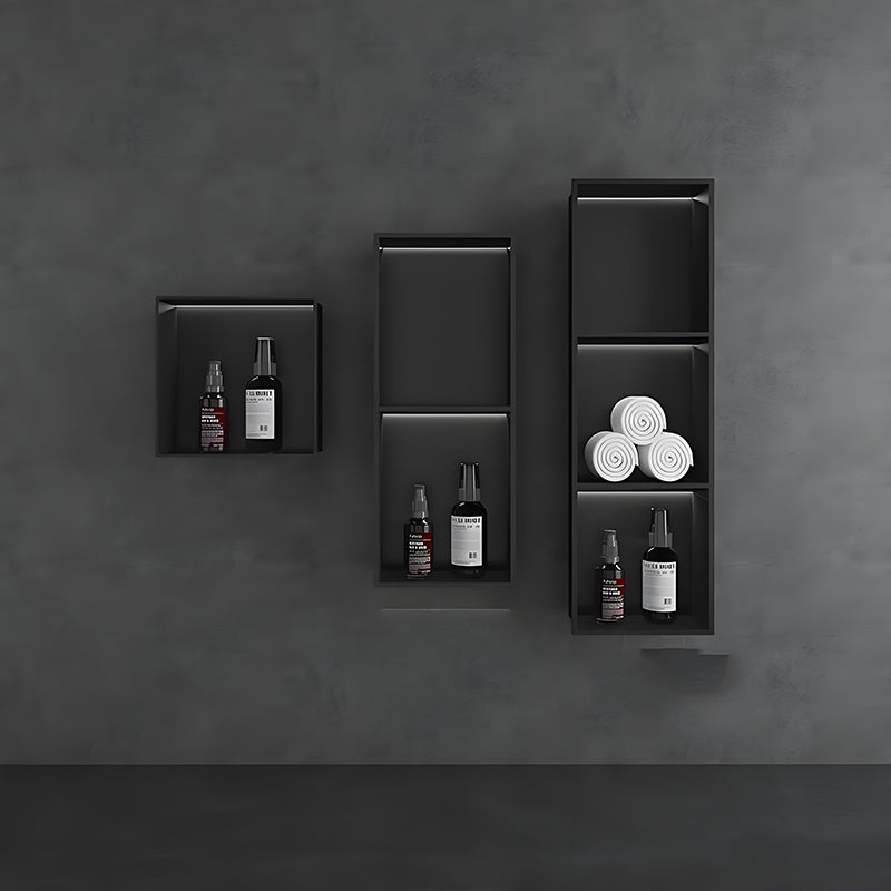 Nicho de parede em aço inoxidável preto personalizado com LED e design de armazenamento embutido (horizontal e vertical) para banheiro.