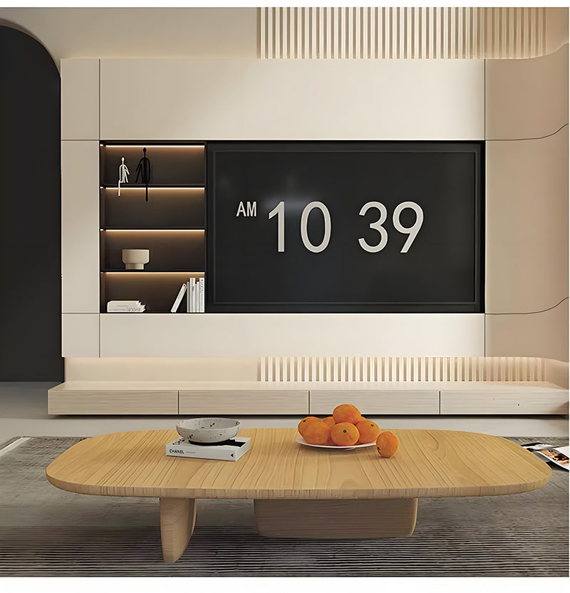 Nicho de parede embutido para TV em aço inoxidável sob medida, com design moderno e armazenamento integrado.