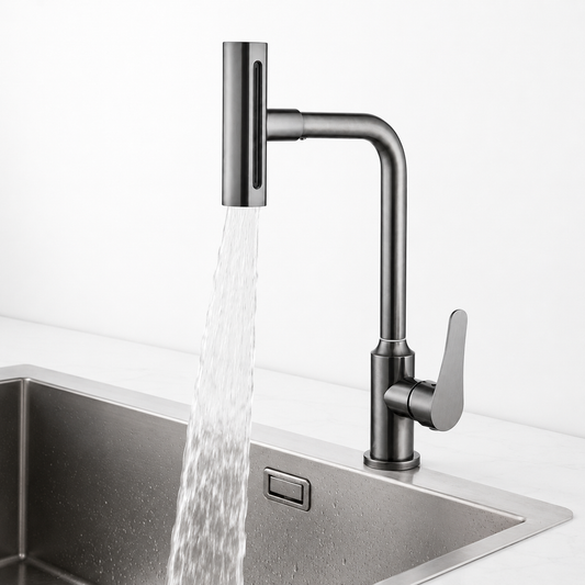 Feiyu pull-out waterfall faucet showing wide water flow mode above a stainless steel sink.