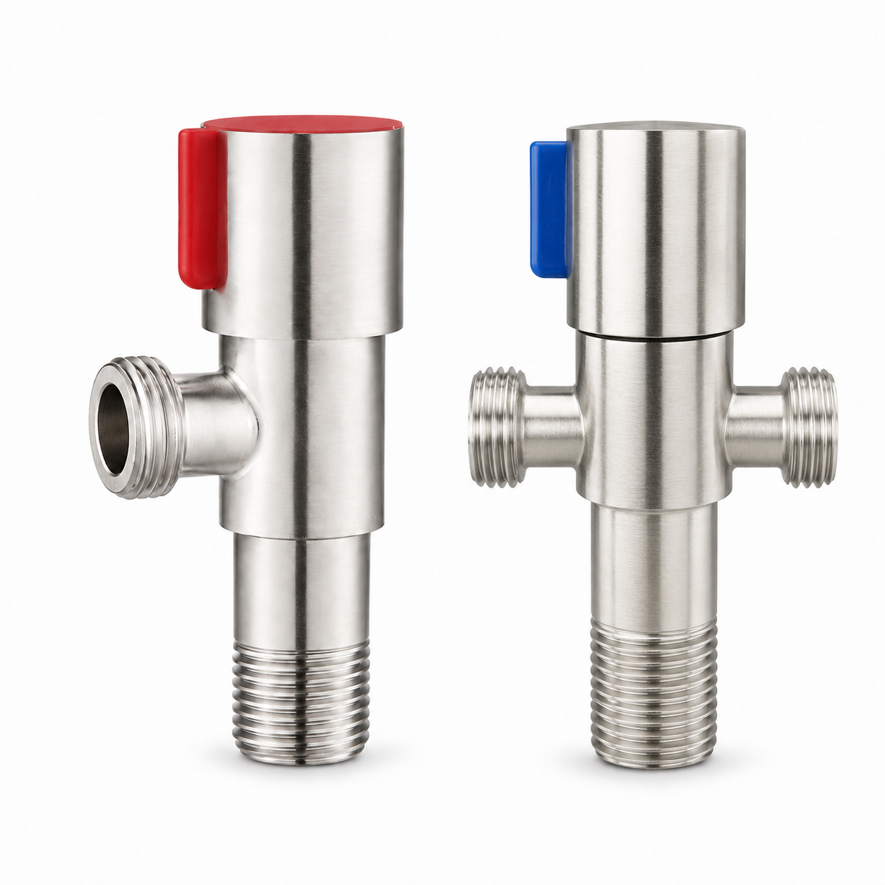 Front view of red hot water angle valve and blue three-way angle valve with brushed stainless steel finish and precise threaded plumbing connections.