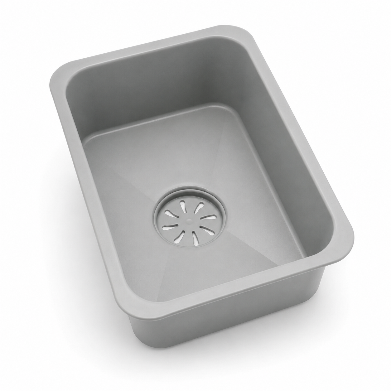 Grey basin-in-basin kitchen sink accessory with rounded edges and centered drain cover.