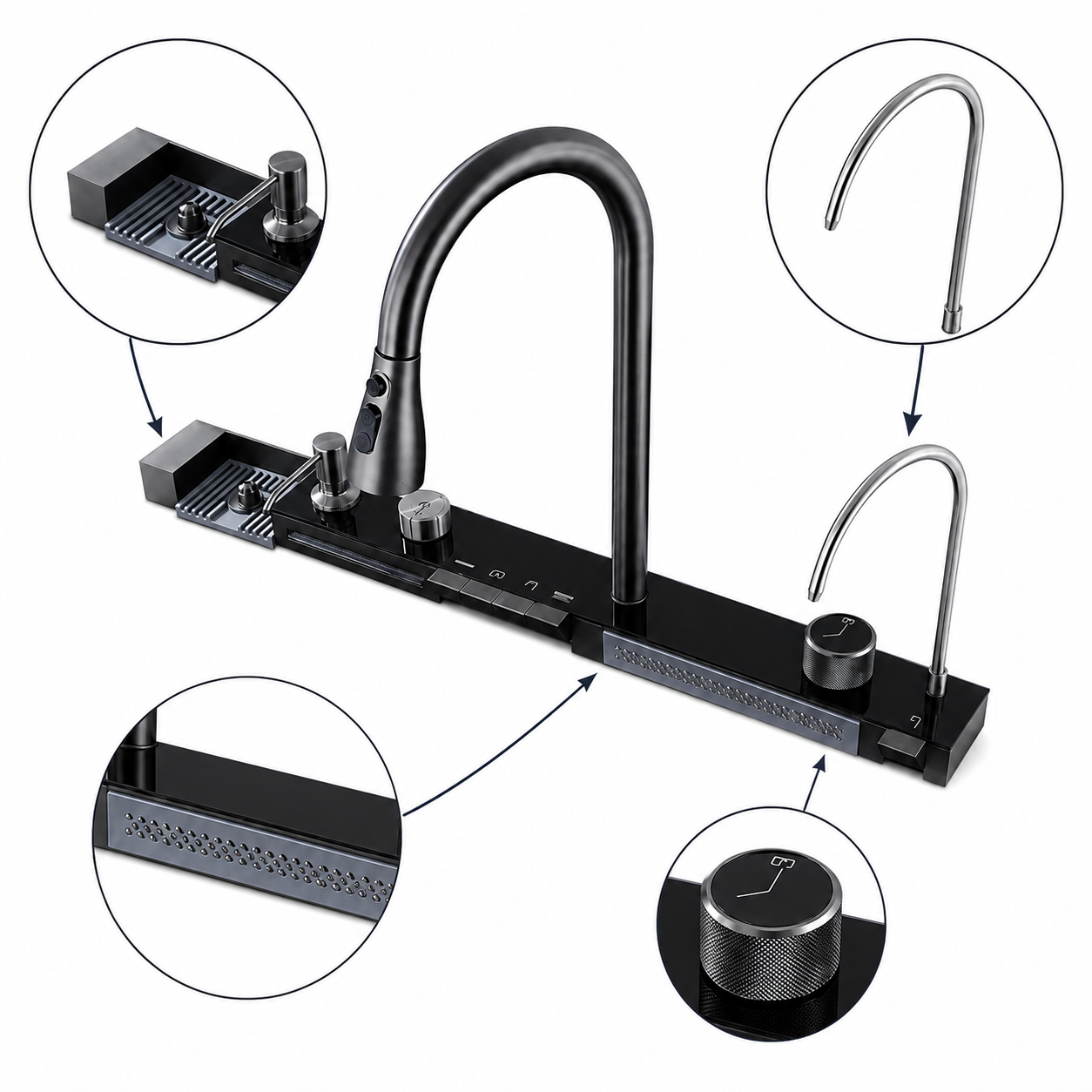 Integrated smart sink faucet module showing close-up details of the pull-out spray head, accessory tray area, rotary control knob, auxiliary faucet, and front outlet panel.