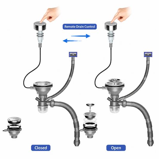 Kitchen sink remote drain control set displayed in separated components, including stainless steel drain unit, plastic drain body, corrugated hoses, remote control cable, sealing parts, and connector accessories.