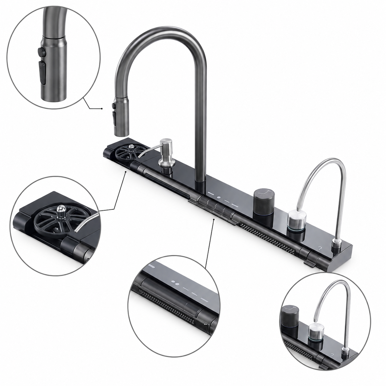 Long black integrated sink faucet console with pull-out faucet, button controls, rotary knobs, accessory area, and auxiliary water outlet for modern workstation sinks.