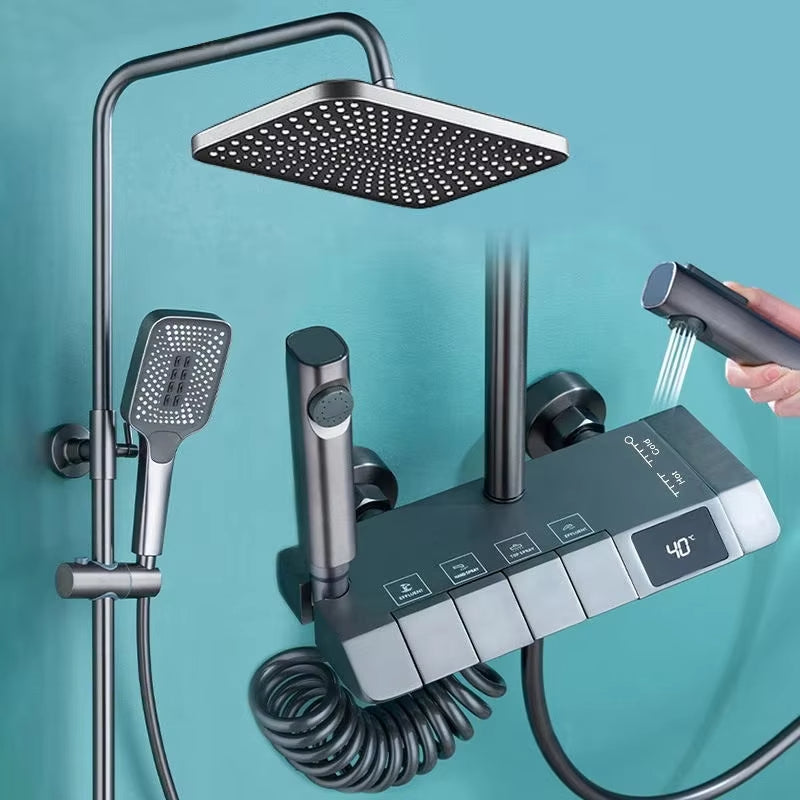 Shower Set Wall Mounted Booster Rain Shower Head Digital Display Piano Faucet Luxury Gun Grey-6282GR