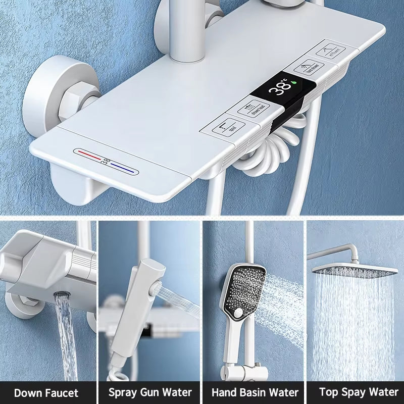 Wall Mounted Brass Piano Key Digital Temperature Display Luxury Shower Cubicle Shower-6067