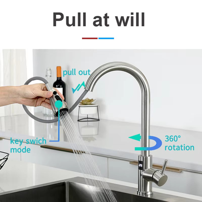 Modern Kitchen Pull Out Stainless Steel Sink Digital Display Faucet-8424DP