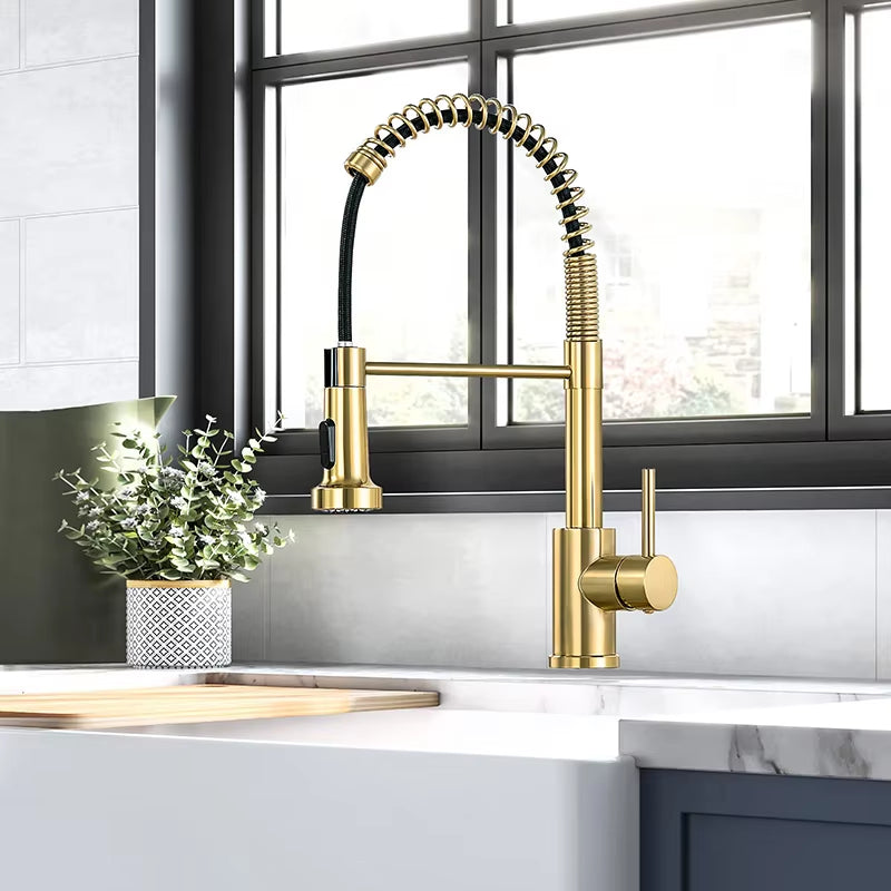 304 Stainless Steel Spring Pull-Out Rotary Telescopic Kitchen Hot And Cold Water Faucet-5360BG