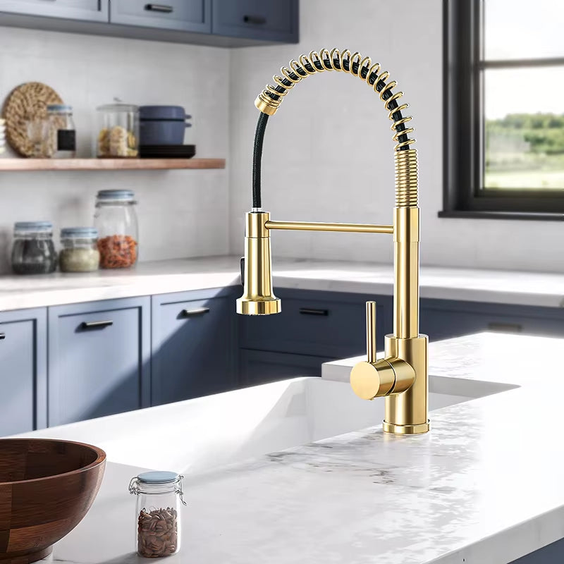 304 Stainless Steel Spring Pull-Out Rotary Telescopic Kitchen Hot And Cold Water Faucet-5360BG