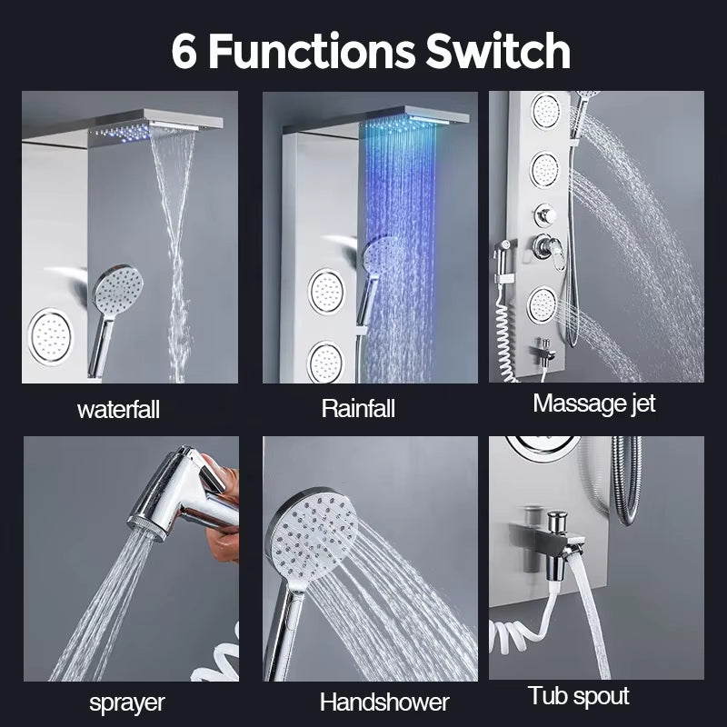 Led Light Shower Screen Wall Mounted Stainless Steel Waterfall Shower Screen Set-6670