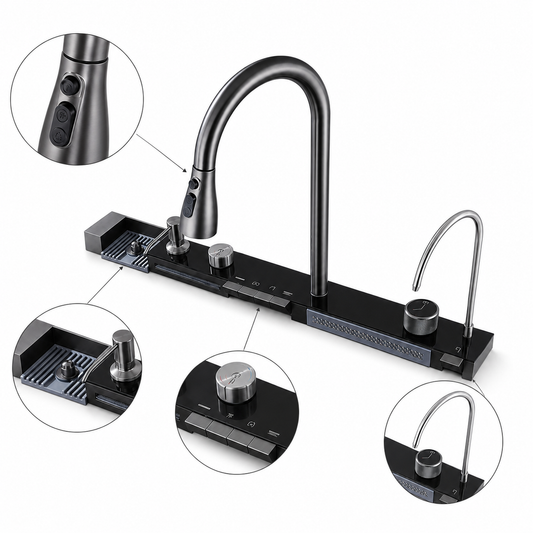 Multifunction integrated kitchen faucet with button controls, rotary knob, pull-out spray head detail, auxiliary faucet, and panel-style sink accessory module.