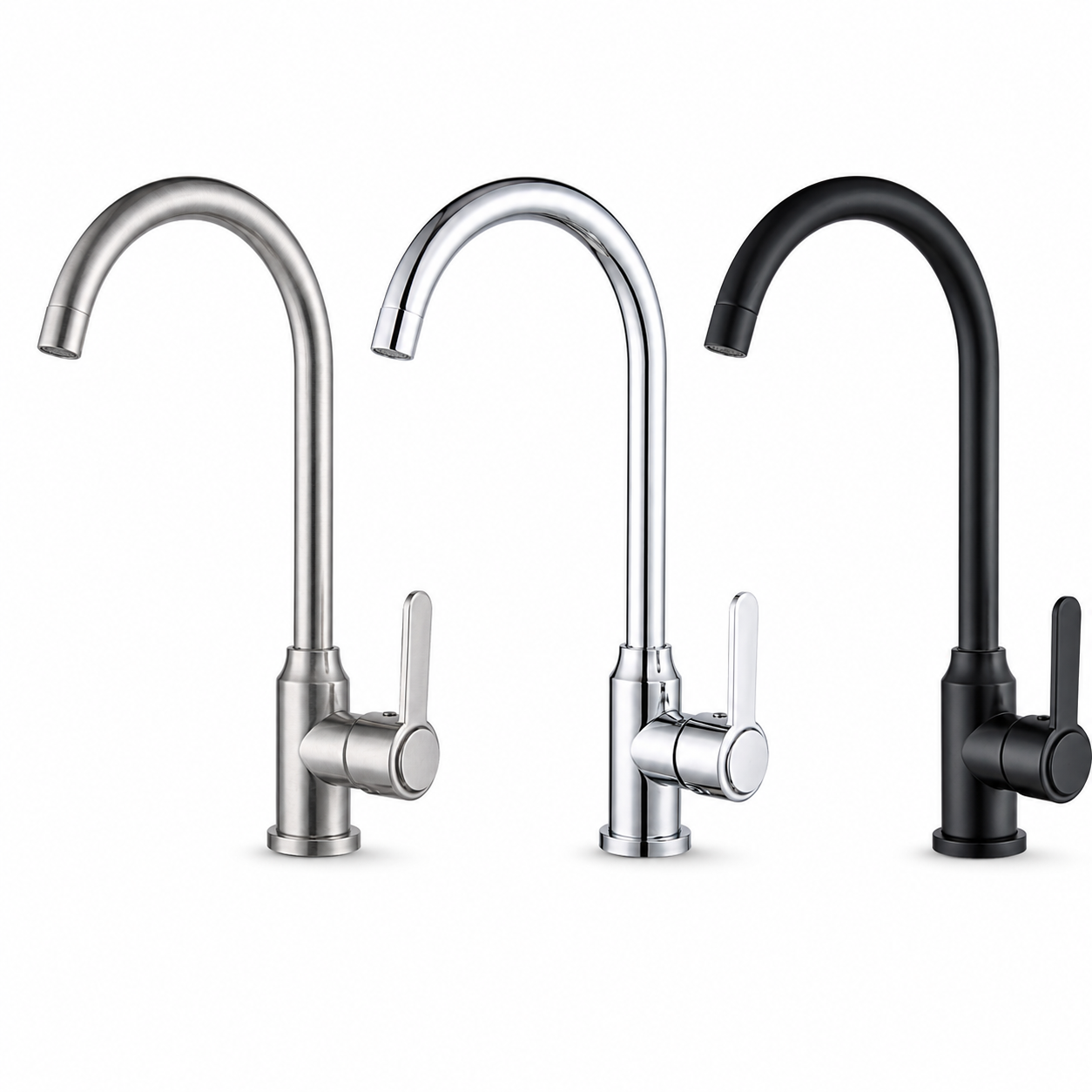 Three-color display of high-arc kitchen faucets in brushed, gray, and black finishes for stainless steel sink accessory selection.