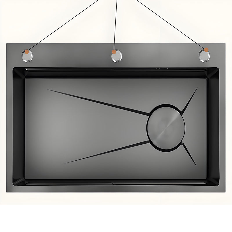 Top view of gray and black multifunctional stainless steel kitchen sink with large single bowl, rear faucet hole positions, and geometric basin design for customized workstation sink production.