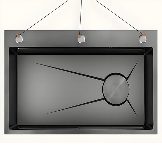 Top view of gray and black multifunctional stainless steel kitchen sink with large single bowl, rear faucet hole positions, and geometric basin design for customized workstation sink production.