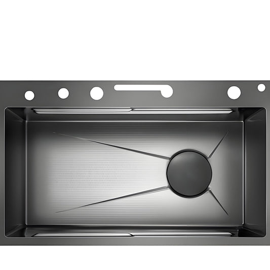 Top view of gray stainless steel multifunctional kitchen sink deck with multiple faucet and accessory holes, waterfall outlet slot, large bowl structure, and customized drain position.