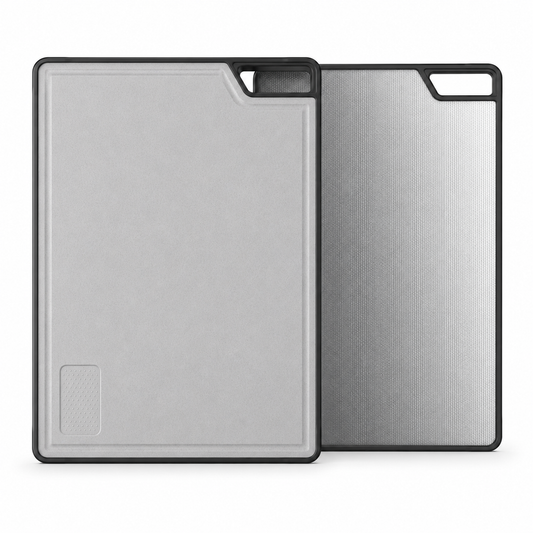 Two-sided sink cutting board display with wheat fiber cutting surface in front and textured stainless steel side behind, designed for sliding use on workstation kitchen sinks.