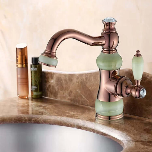 Unique luxury retro basin faucet with a single handle design, stylishly positioned on a marble countertop.