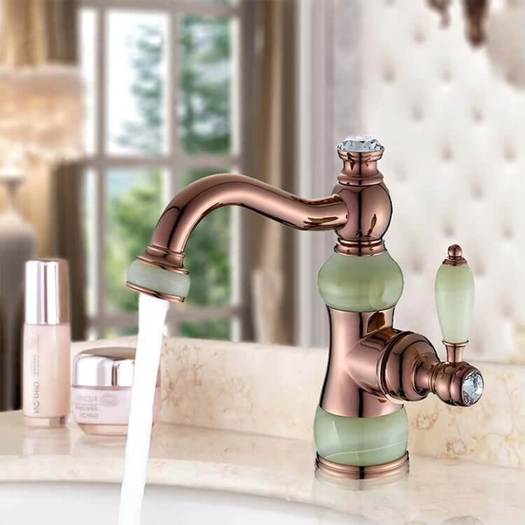 Luxury retro basin faucet with gold accents and green stone, featuring single handle for easy temperature control