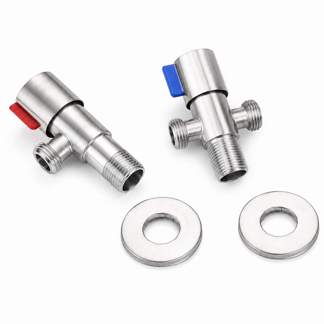Angled product view of red and blue stainless steel angle valves with side outlets, bottom threaded inlets, and cover plates for kitchen faucet connection.