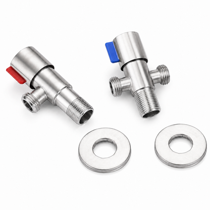 Angled product view of red and blue stainless steel angle valves with side outlets, bottom threaded inlets, and cover plates for kitchen faucet connection.