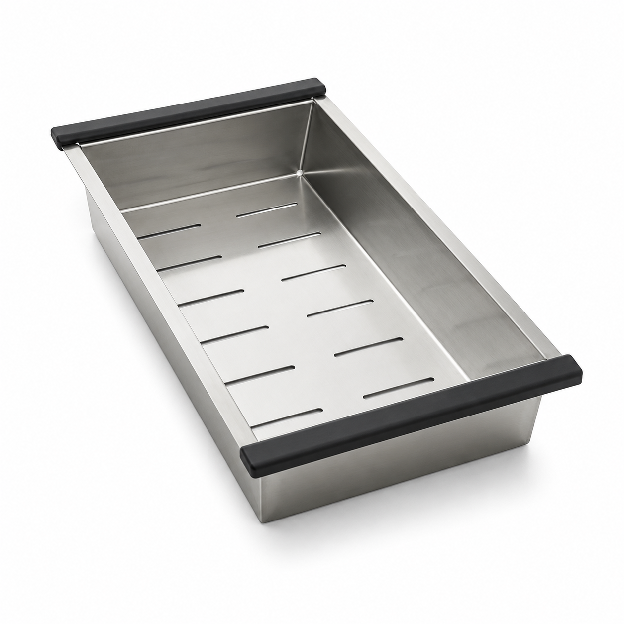 Angled view of a brushed stainless steel sink colander basin with slotted base, rectangular deep tray design, and black anti-slip end grips.