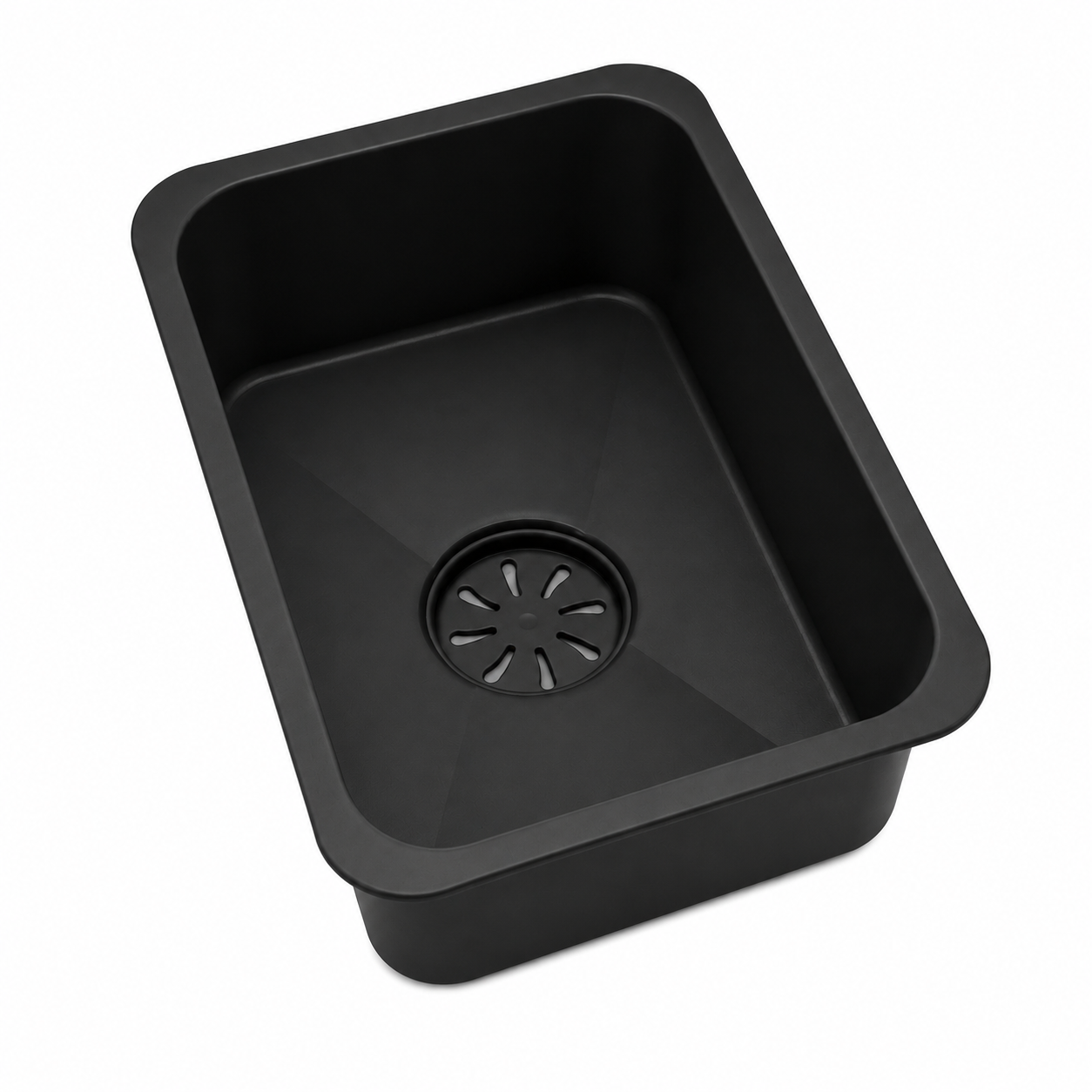 Angled view of black basin-in-basin sink accessory for kitchen workstation sink.