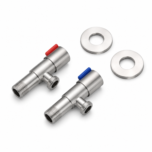 Angled view of red and blue stainless steel two-way angle valves with threaded inlets, side outlets, brushed finish, and two matching decorative cover plates.