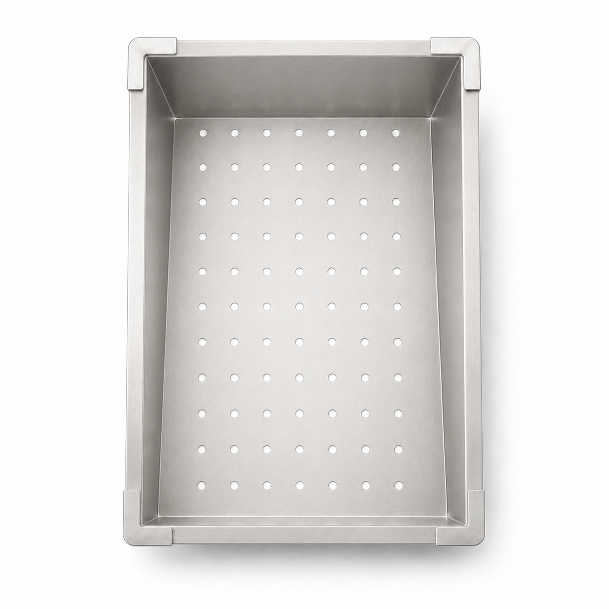 Angled view of silver movable basket accessory for multifunctional sink.