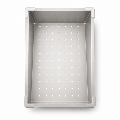 Angled view of silver movable basket accessory for multifunctional sink.