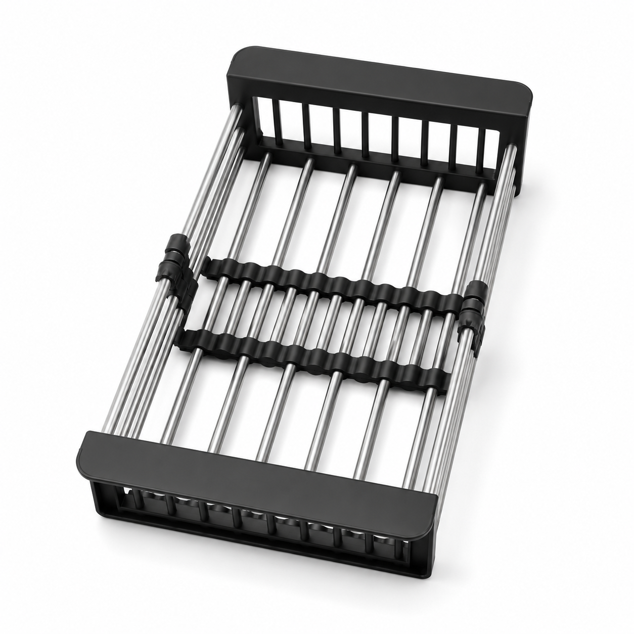 Angled view of telescopic drainer basket for kitchen sink, designed for free extension and movement.
