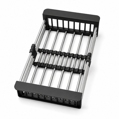 Angled view of telescopic drainer basket for kitchen sink, designed for free extension and movement.