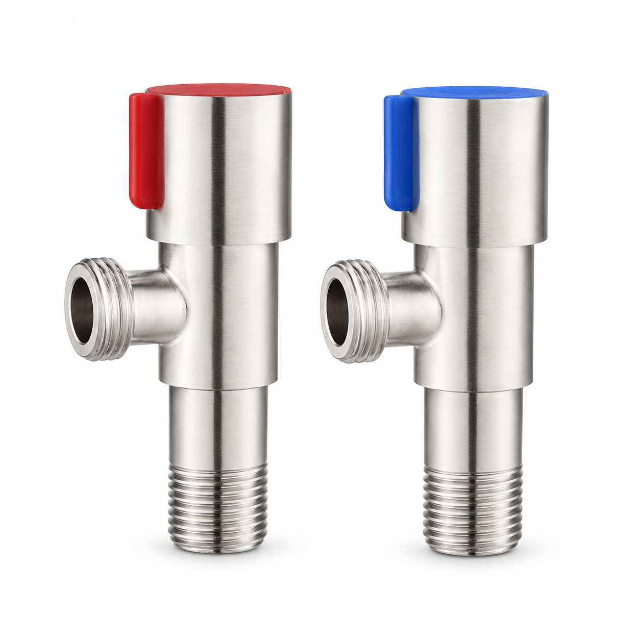 Angled view of two stainless steel faucet angle valves with red and blue side markers, threaded inlets and outlets, and matching circular wall cover plates.