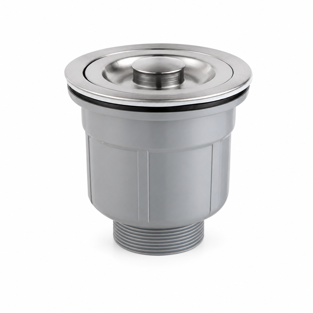 Assembled basic kitchen sink drain fitting with stainless steel top cover and grey PP body for stainless steel sink drainage installation.