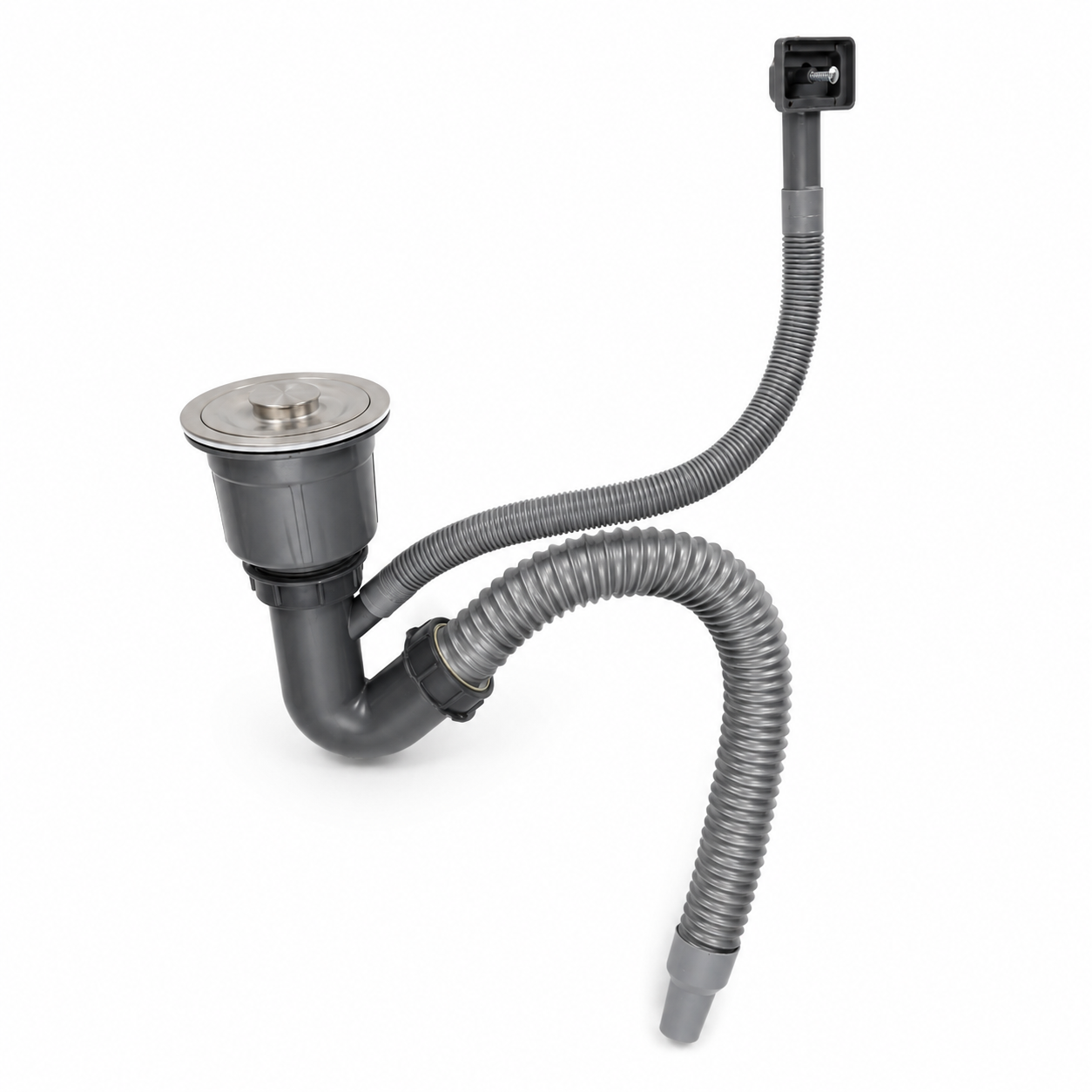 Assembled standard V-type sink drain with stainless steel cover, grey flexible waste hose, and overflow pipe connection for a stainless steel kitchen sink.