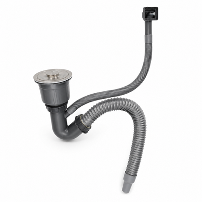 Assembled standard V-type sink drain with stainless steel cover, grey flexible waste hose, and overflow pipe connection for a stainless steel kitchen sink.