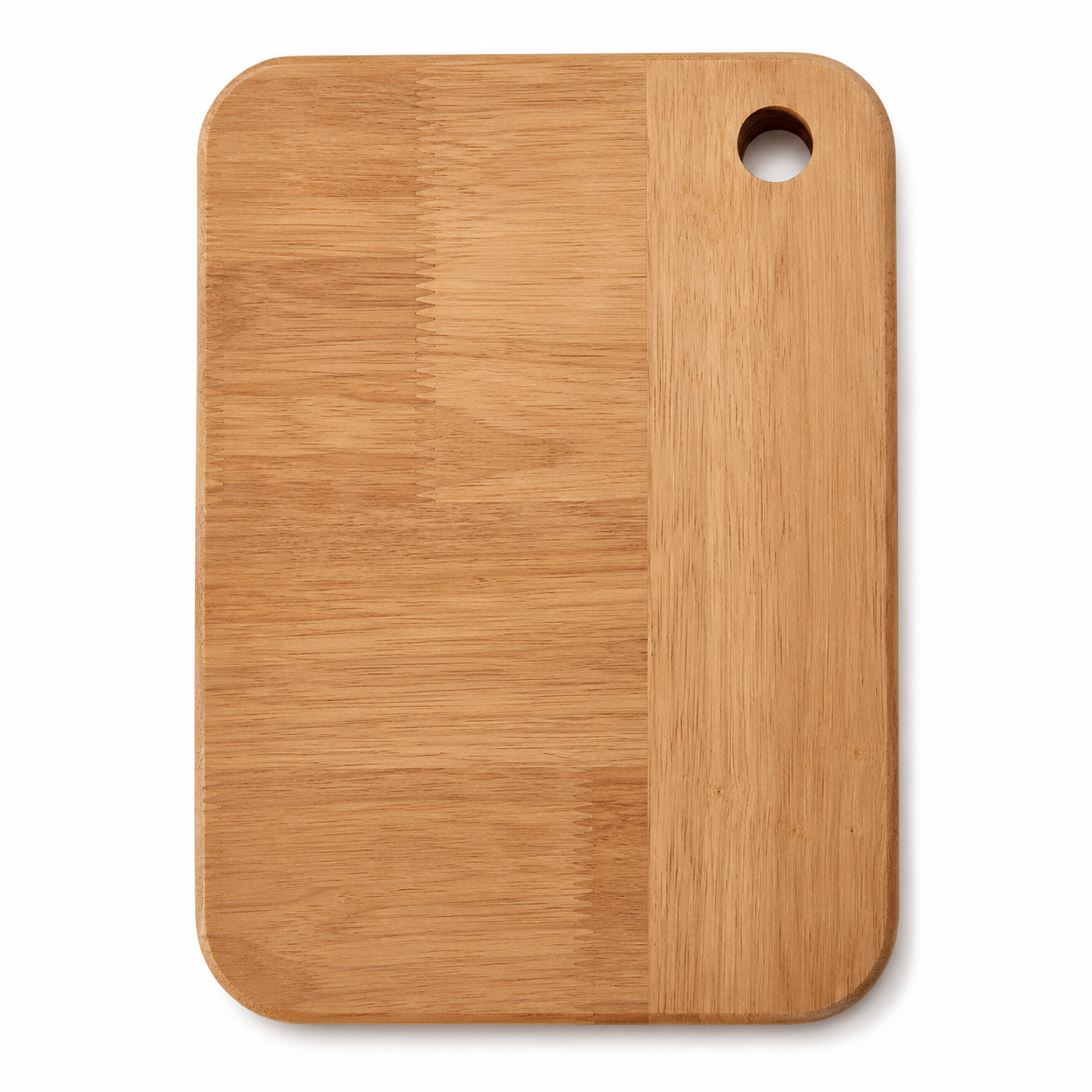 Back view of a rectangular wooden sink cutting board with smooth rounded edges, natural wood texture, and round hanging hole near the top corner.