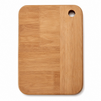 Back view of a rectangular wooden sink cutting board with smooth rounded edges, natural wood texture, and round hanging hole near the top corner.