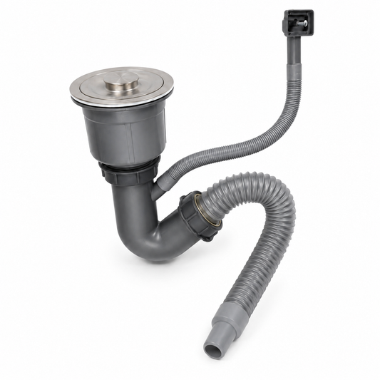 Basic V-type kitchen sink drain set with stainless steel top cover, grey plastic drain body, curved trap section, flexible waste hose, and overflow hose for stainless steel sink installation.