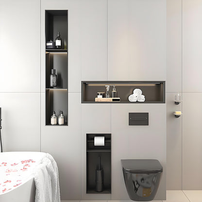 Nicho de parede para chuveiro em aço inoxidável preto personalizado, com design vertical alto e embutido para armazenamento no banheiro.