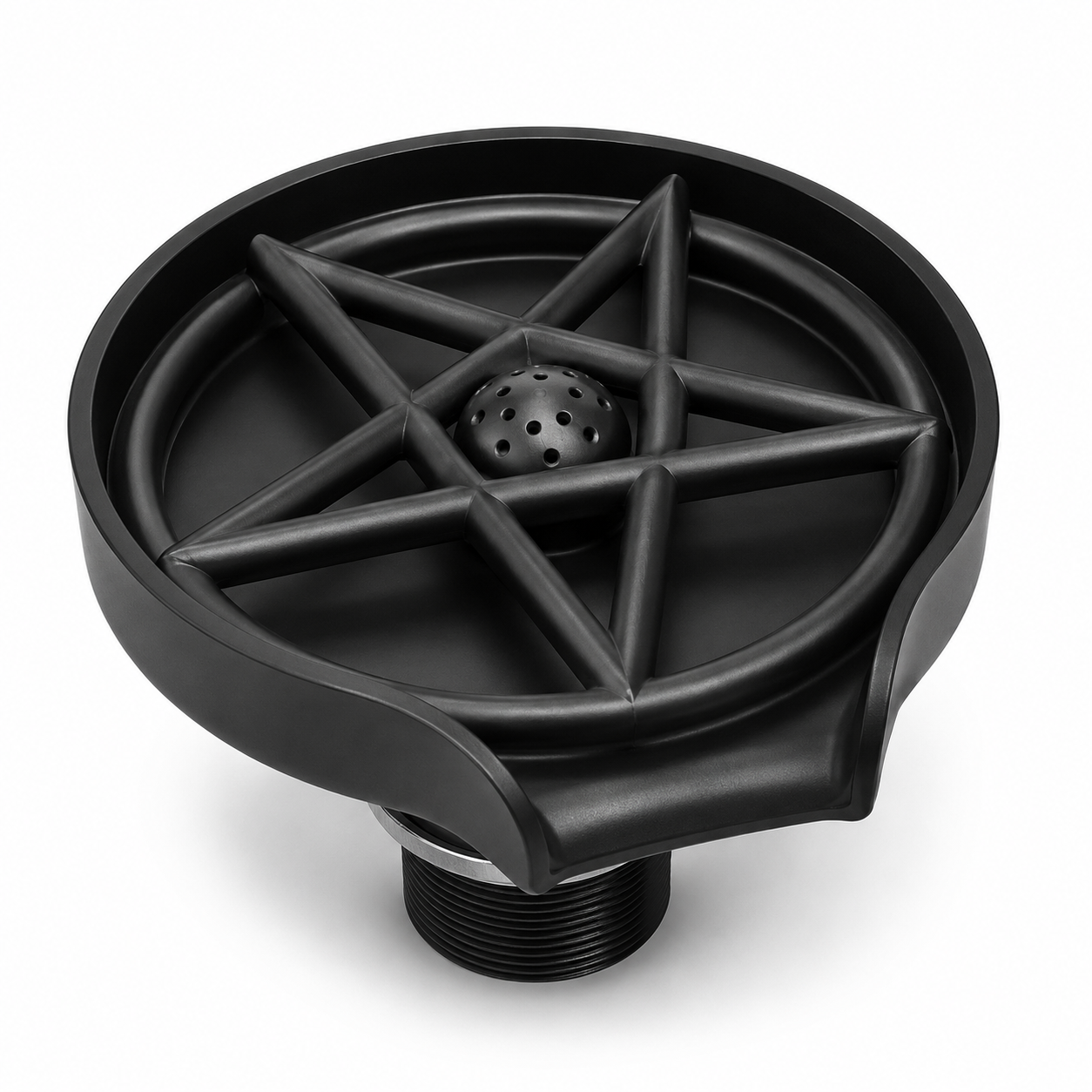 Black ABS press-type glass rinser with round basin design, star-shaped cup support, center spray head, front drainage outlet, and threaded bottom connector.
