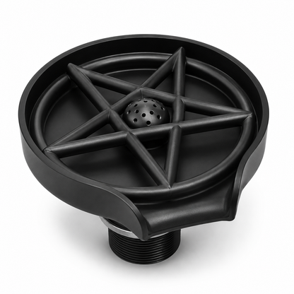 Black ABS press-type glass rinser with round basin design, star-shaped cup support, center spray head, front drainage outlet, and threaded bottom connector.