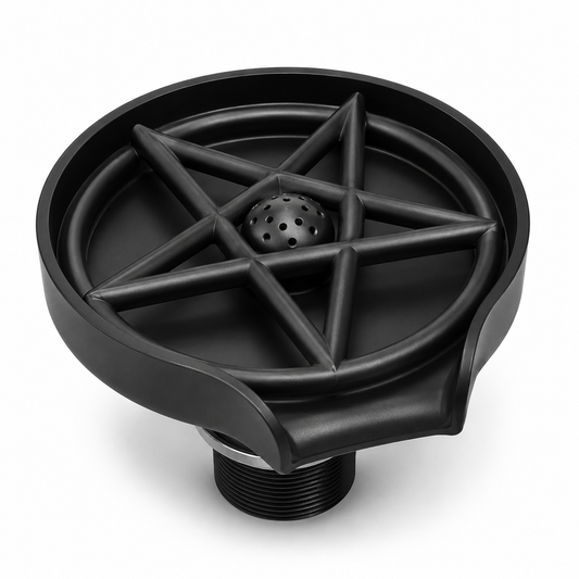 Black ABS press-type glass rinser with round basin design, star-shaped cup support, center spray head, front drainage outlet, and threaded bottom connector.
