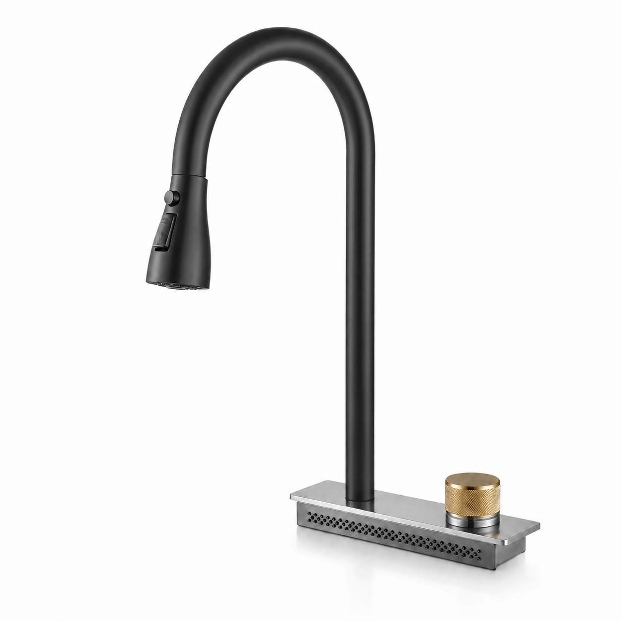 Black Feiyu pull-out kitchen faucet for multifunction sink system with integrated control knob and high-arc design.