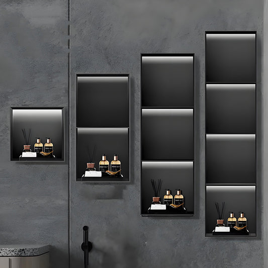 Custom Black LED Stainless Steel Display Wall Niche with Beveled Recessed Bathroom Storage Design